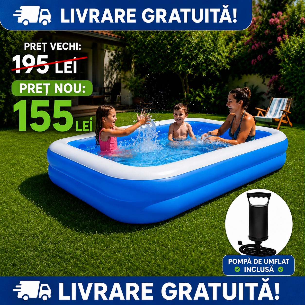 Piscină Gonflabilă Mare pentru Familie 200 x 120 x 40 cm + Pompă de Umflare CADOU | PVC Rezistent, 2 Inele de Siguranță