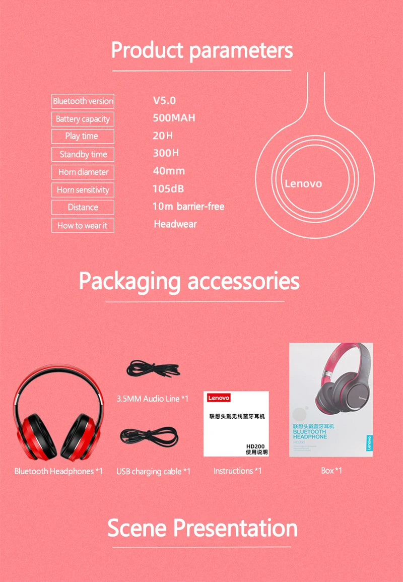 Lenovo HD200 Bluetooth Earphones Over-ear Foldable Computer Wireless Headphones Noise Cancellation HIFI Stereo Gaming Headset - TechSmartX