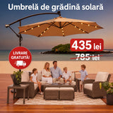Umbrela de Gradina Solara LED 10ft (305cm), 24 LED, 8 Spite, Impermeabila, cu Manivela si Baza Cruce