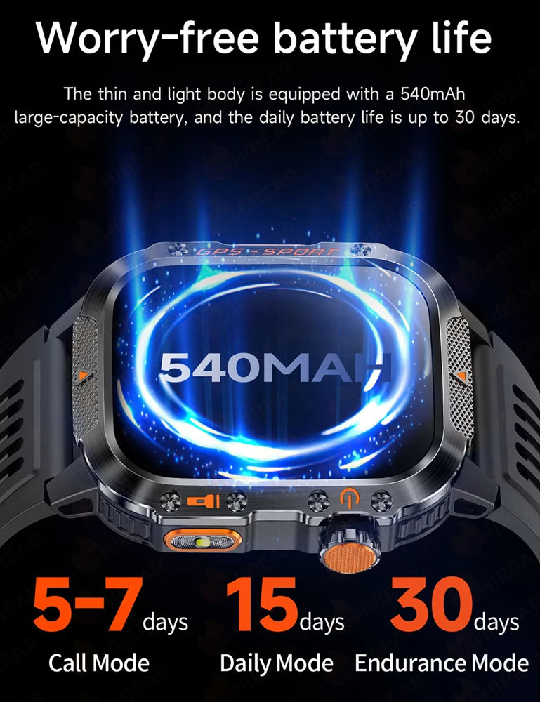 2025 New Military Outdoor Smart Watch Men's GPS Flashlight Bluetooth Call 2.01" AMOLED Screen 3ATM Waterproof Sports Smartwatch - TechSmartX