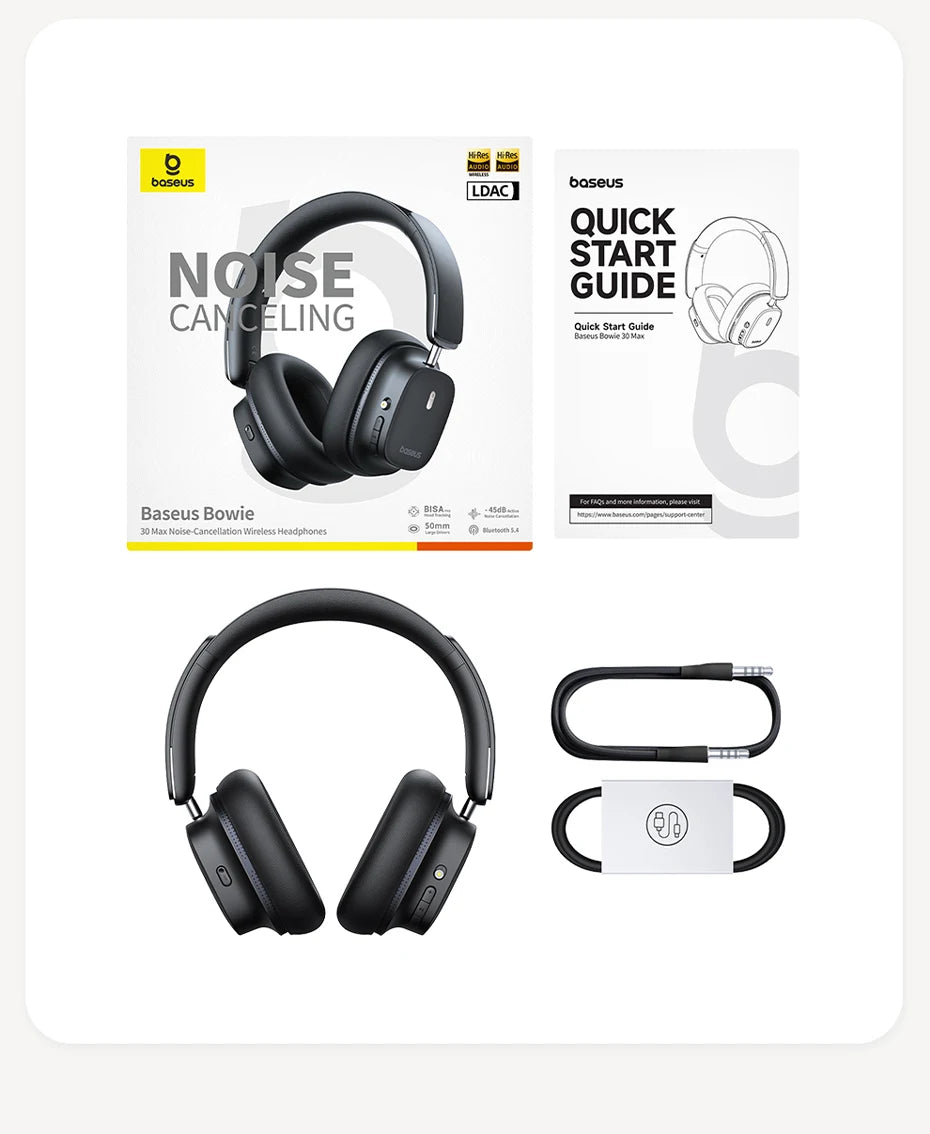 Baseus Bowie 30 Max Wireless Headphones Hi-Res Audio LDAC Bluetooth 5.4 -45dB Active Noise Cancellation Headset - TechSmartX