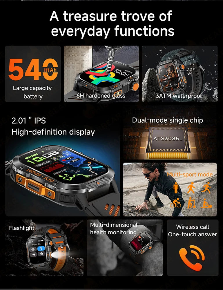 2025 New Military Outdoor Smart Watch Men's GPS Flashlight Bluetooth Call 2.01" AMOLED Screen 3ATM Waterproof Sports Smartwatch - TechSmartX
