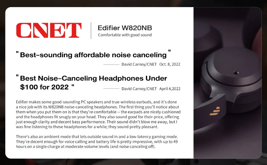 Edifier W820NB Plus Wireless Noise Cancelling Headphones 43dB ANC Hi-Res LDAC Codec 49hrs Playtime Over-Ear Bluetooth Headset - TechSmartX