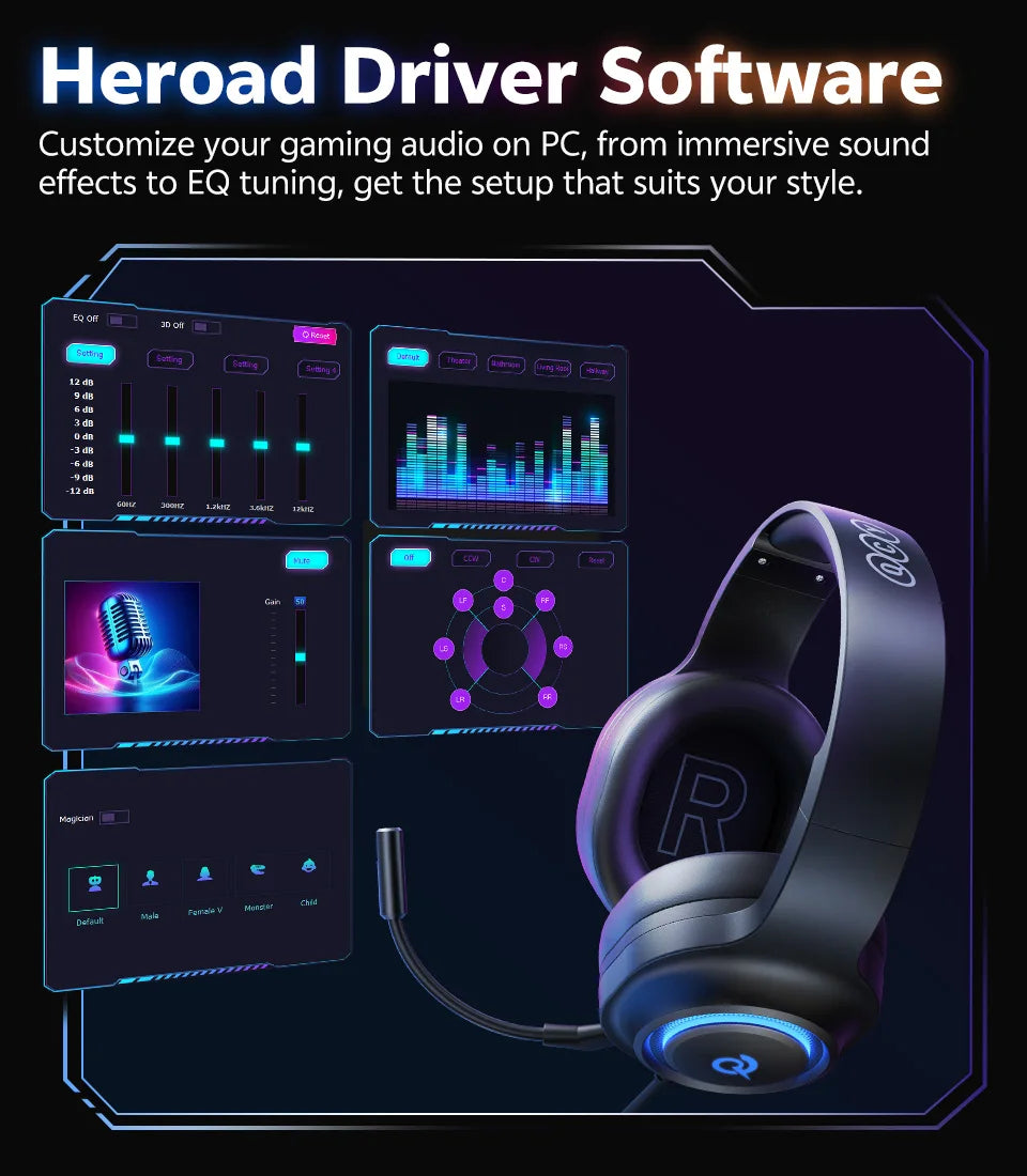 QCY Heroad V200 Gaming Over Ear Headphone Wireless Bluetooth 6.0 with Mic 50mm Driver 7.1 Surround Sound Dynamic EQ RGB Headset - TechSmartX