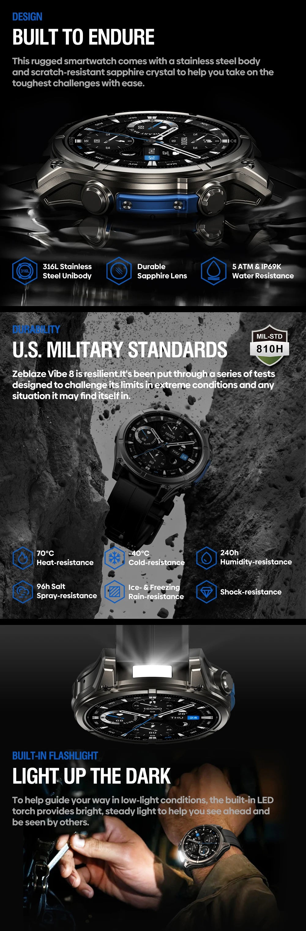 New Zeblaze VIBE 8 AMOLED Display Built-in Flashlight Smartwatch Sapphire Lens Make/Receive Calls HR/BP Monitoring Smart Watch - TechSmartX
