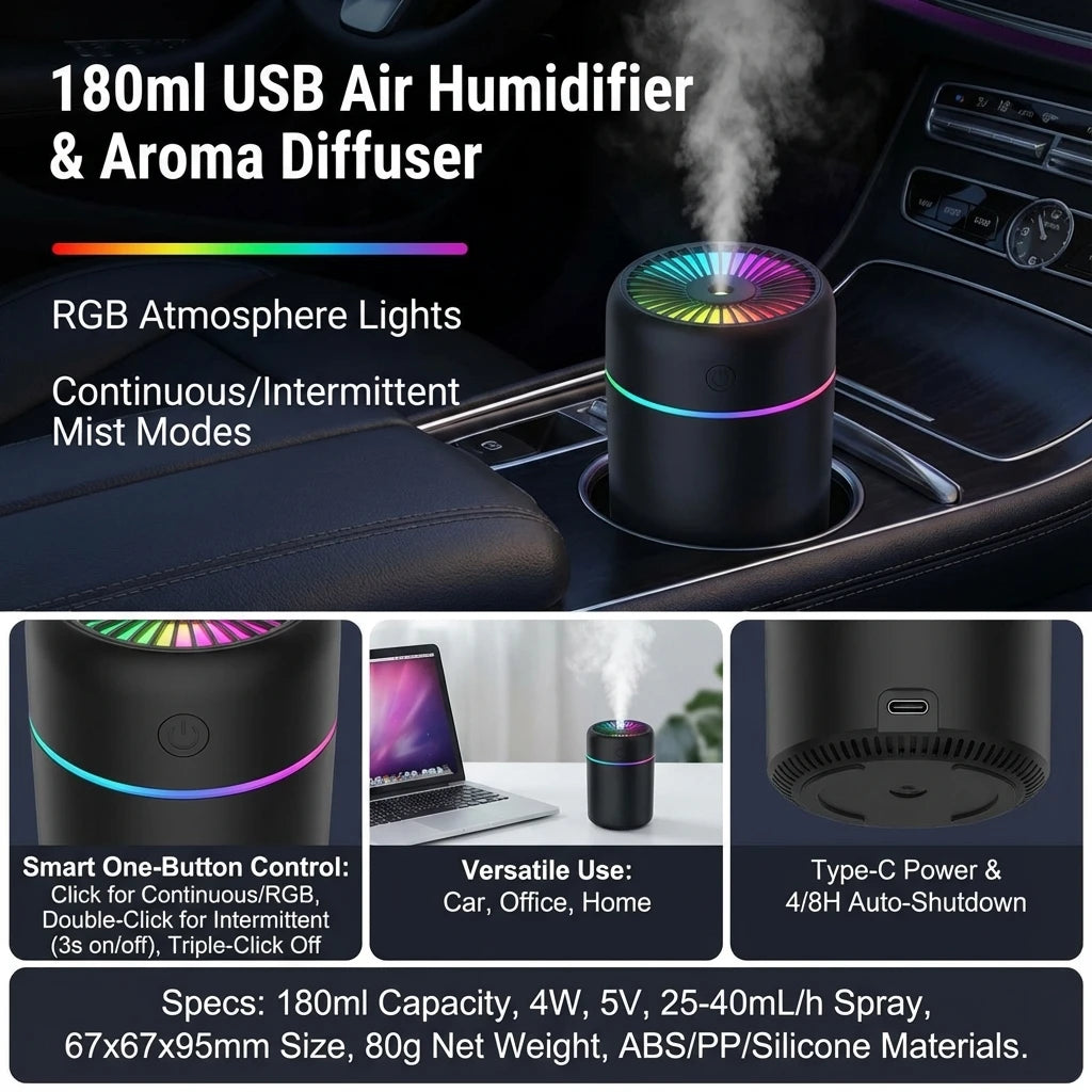 180ML Mini Air Humidifier USB Electric Aroma Diffuser Essential Oil Purifier Aromatherapy Mist Maker Lights For Car Home Bedroom - TechSmartX