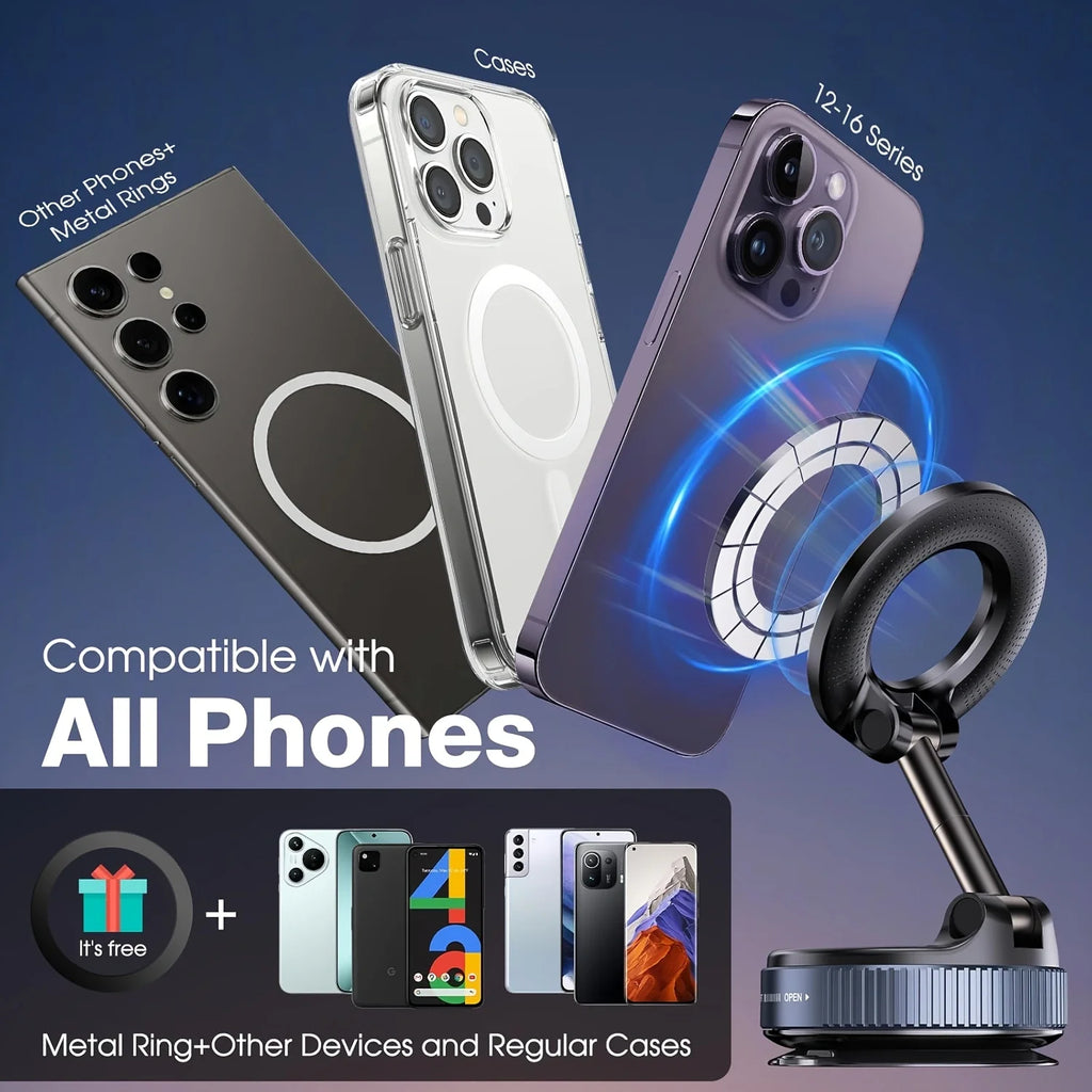 Vacuum magnetic phone holder, Magsafe suction cup phone holder, 360 ° adjustable magnetic phone holder, pocket sized foldable - TechSmartX