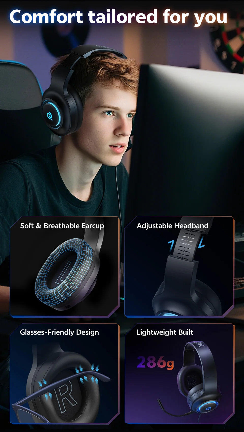 QCY Heroad V200 Gaming Over Ear Headphone Wireless Bluetooth 6.0 with Mic 50mm Driver 7.1 Surround Sound Dynamic EQ RGB Headset - TechSmartX