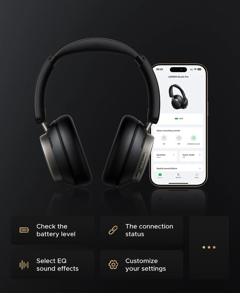 UGREEN Studio Pro 48dB ANC Wireless Headphones Over Ear Bluetooth Earphones Active Noise Cancellation Hi-Res LDAC 120h Playtime - TechSmartX