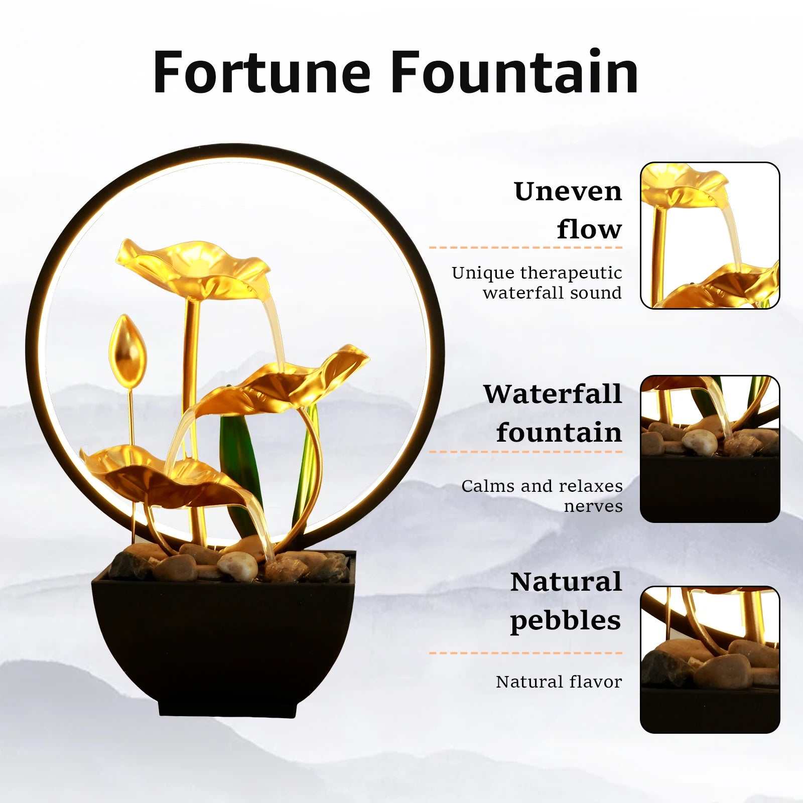 Tabletop Water Fountain USB Powered Relaxation Desktop Waterfall Fountain With Natural Rocks And LED Ring Lights For Home Decor - TechSmartX