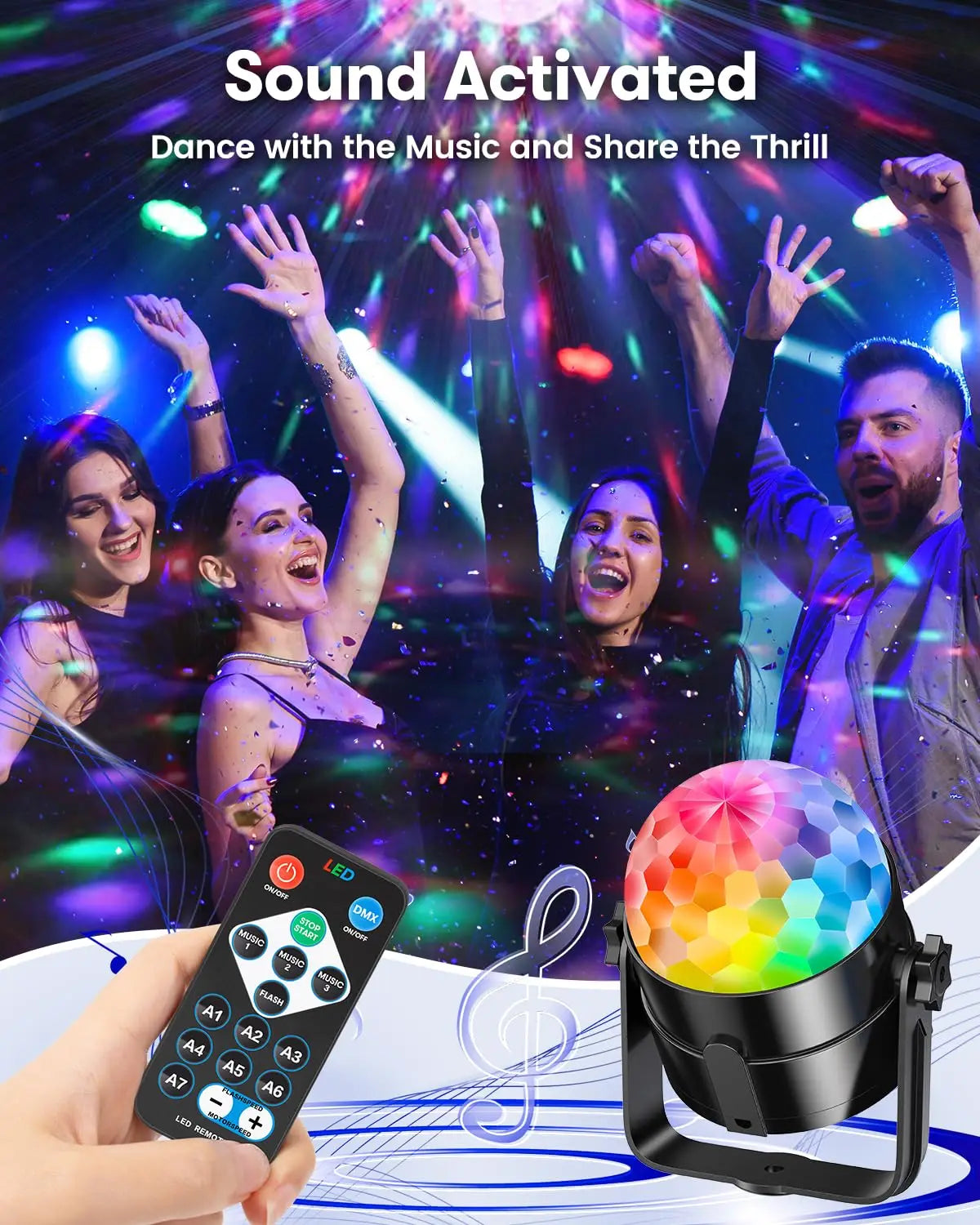 RGB Sound Activated LED Disco Ball Light Rotating DJ Stage Lamp with Remote Control for Home Car Party Club Christmas Decoration - TechSmartX