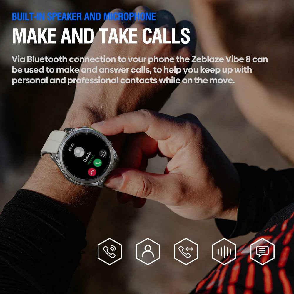 NEW 2025 Zeblaze VIBE 8 Voice Calling 1.43" AMOLED Display Smart Watch Built-in Flashlight Heart Rate Blood Pressure Smart Watch