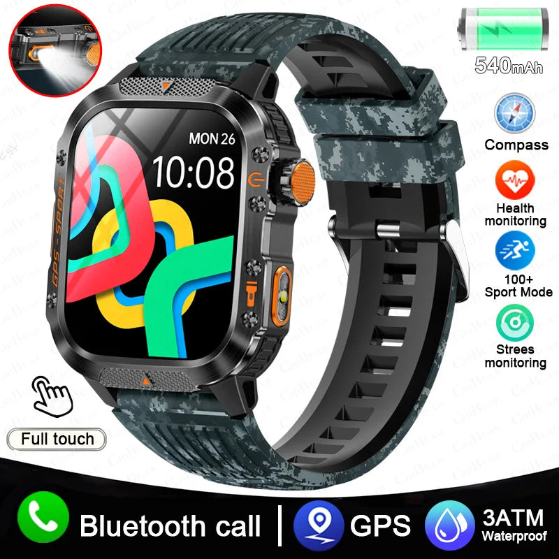 2025 New Military Outdoor Smart Watch Men's GPS Flashlight Bluetooth Call 2.01" AMOLED Screen 3ATM Waterproof Sports Smartwatch - TechSmartX