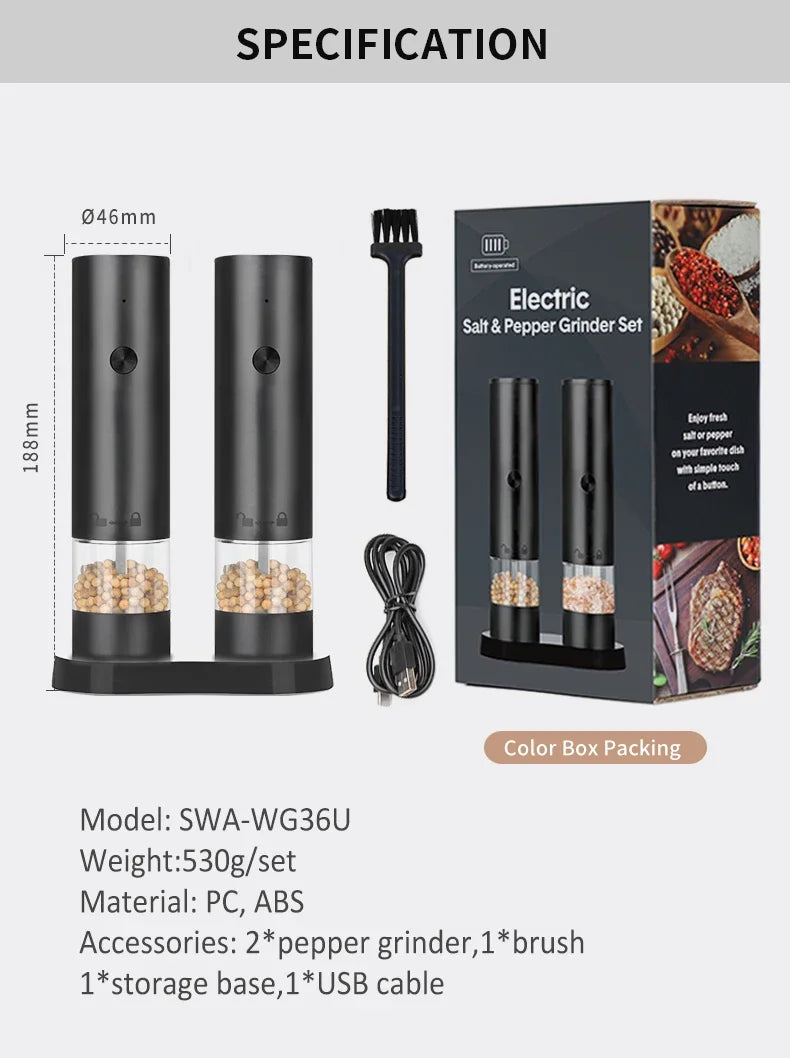 USB Rechargeable Electric Salt and Pepper Grinder Adjustable Coarseness Large Capacity Auto Spices Grinders Kitchen Cooking Tool - TechSmartX