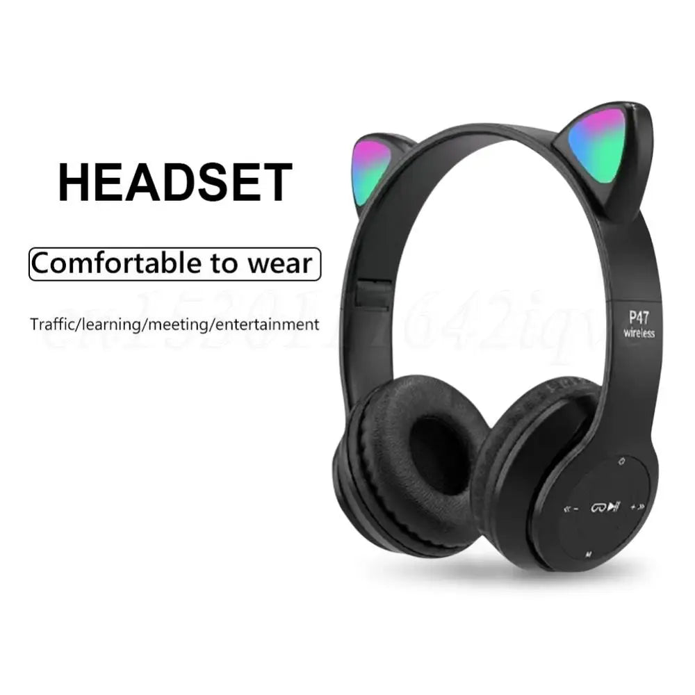 Wireless Headphones Cat Ear Gaming Headset Glow Light Bluetooth-Compatible Helmets Cute Over-Ear Headsets for Kids and Adult - TechSmartX