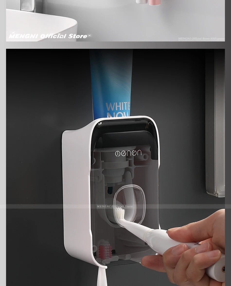 MENGNI Automatic Toothpaste Dispenser Wall-Mounted Bathroom Toothpaste Squeezer Punch-Free Toothbrush Holder Rack Bathroom Acces - TechSmartX