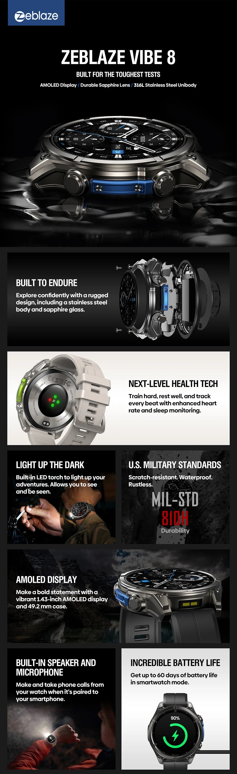 New Zeblaze VIBE 8 AMOLED Display Built-in Flashlight Smartwatch Sapphire Lens Make/Receive Calls HR/BP Monitoring Smart Watch - TechSmartX