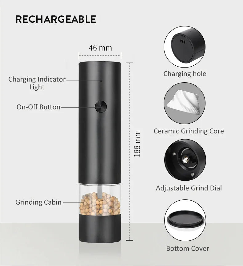 USB Rechargeable Electric Salt and Pepper Grinder Adjustable Coarseness Large Capacity Auto Spices Grinders Kitchen Cooking Tool - TechSmartX