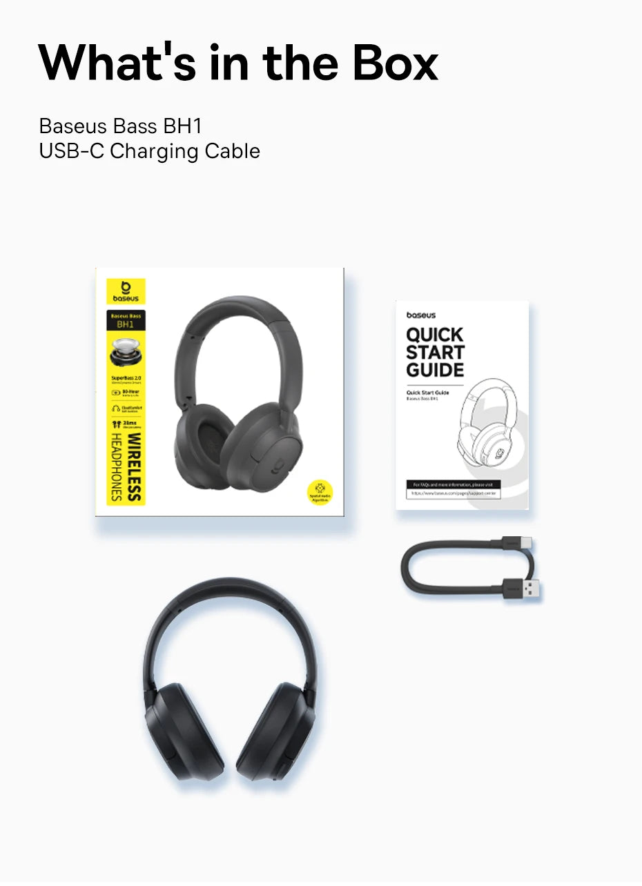 Baseus Bass BH1 Wireless Headphones Bluetooth 6.0 SuperBass 2.0 Over Ear Headset ENC Clear Calls 80hours Playtime Earphones - TechSmartX