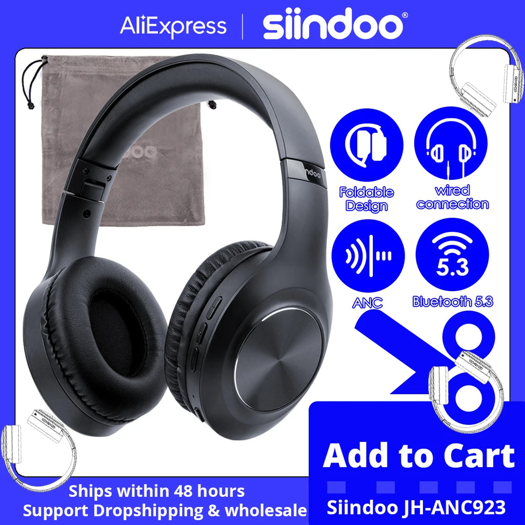 Siindoo JH-ANC923 Active Noise Cancelling Wireless Headset Foldable Over-Ear Bluetooth Headphones With Mic HiFi Stereo Deep Bass - TechSmartX