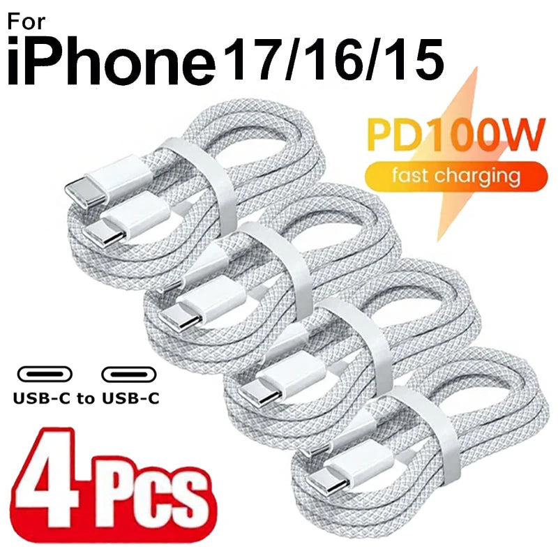 4PCS USB C Cable to USB C 100W Fast Charging Charger Cable Supports Fast Charging For iPhone 16 15 Samsung Xiaomi Huawei etc