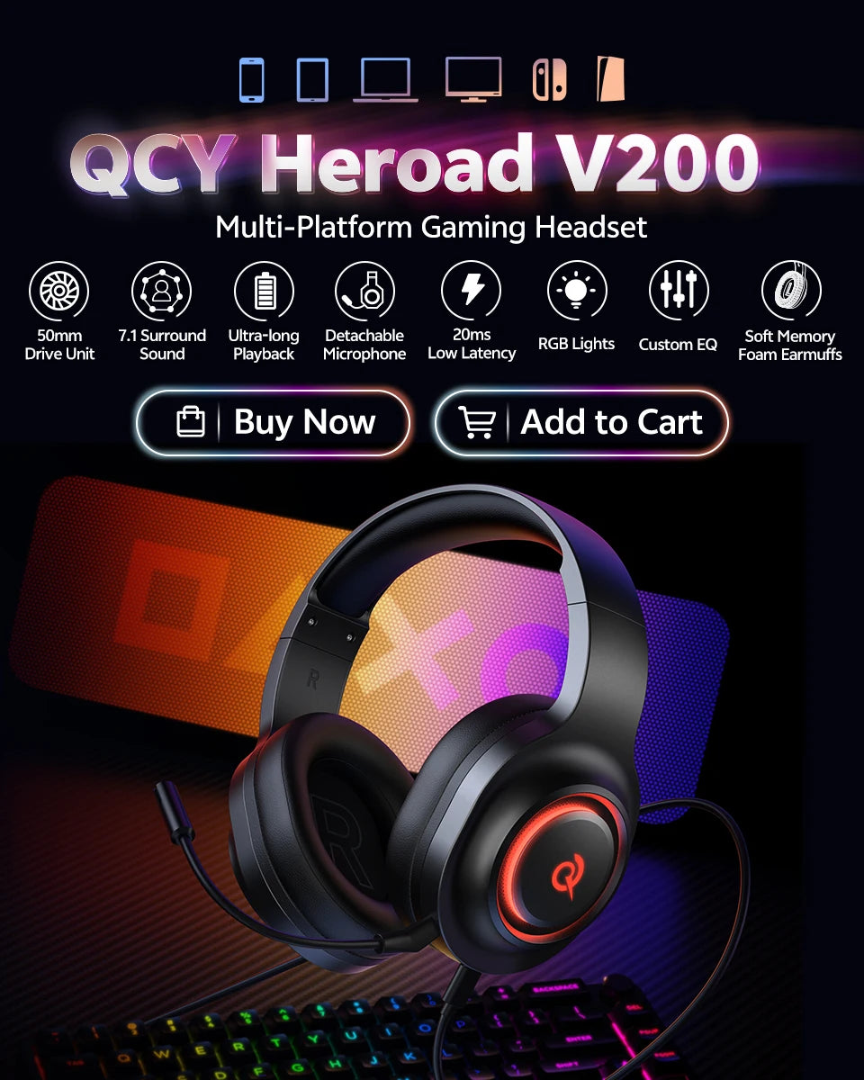 QCY Heroad V200 Gaming Over Ear Headphone Wireless Bluetooth 6.0 with Mic 50mm Driver 7.1 Surround Sound Dynamic EQ RGB Headset - TechSmartX