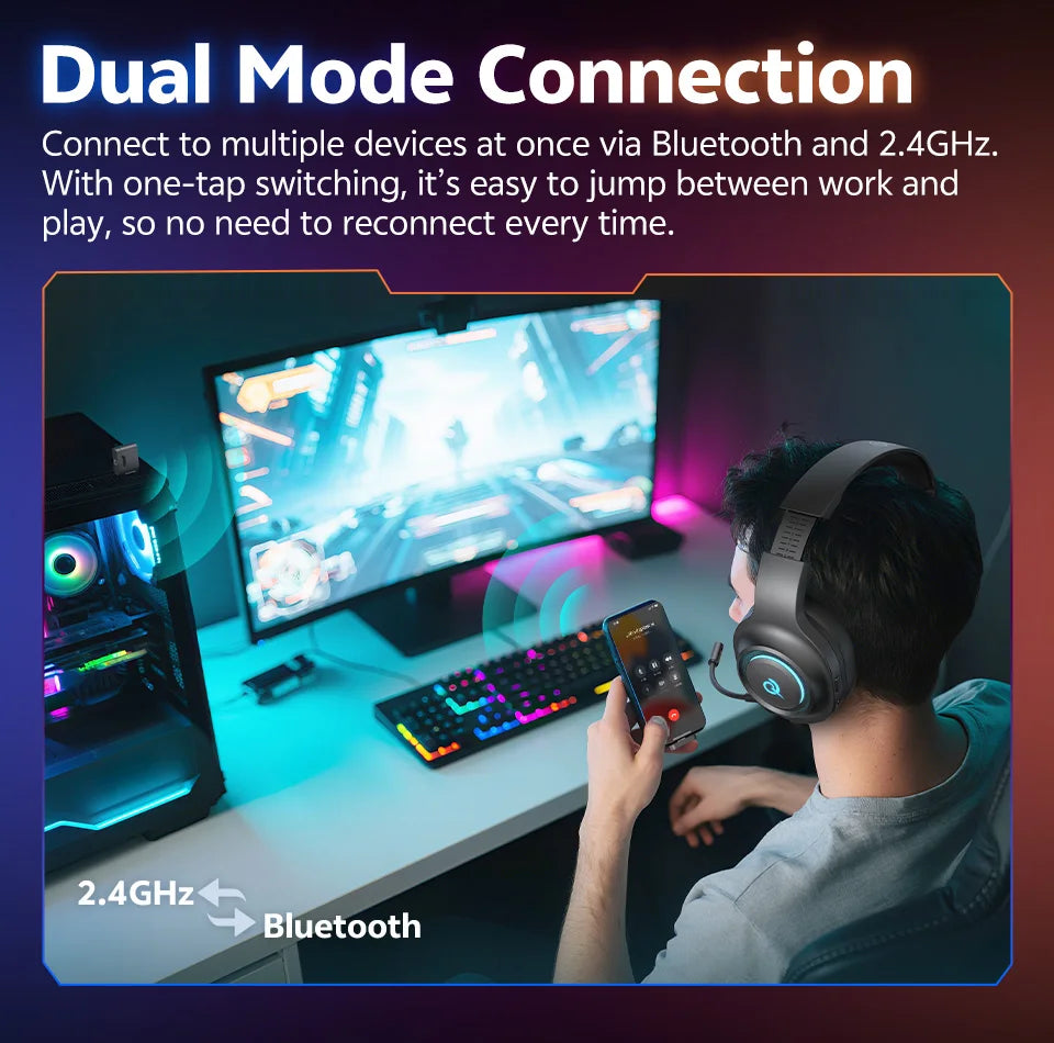 QCY Heroad V200 Gaming Over Ear Headphone Wireless Bluetooth 6.0 with Mic 50mm Driver 7.1 Surround Sound Dynamic EQ RGB Headset - TechSmartX