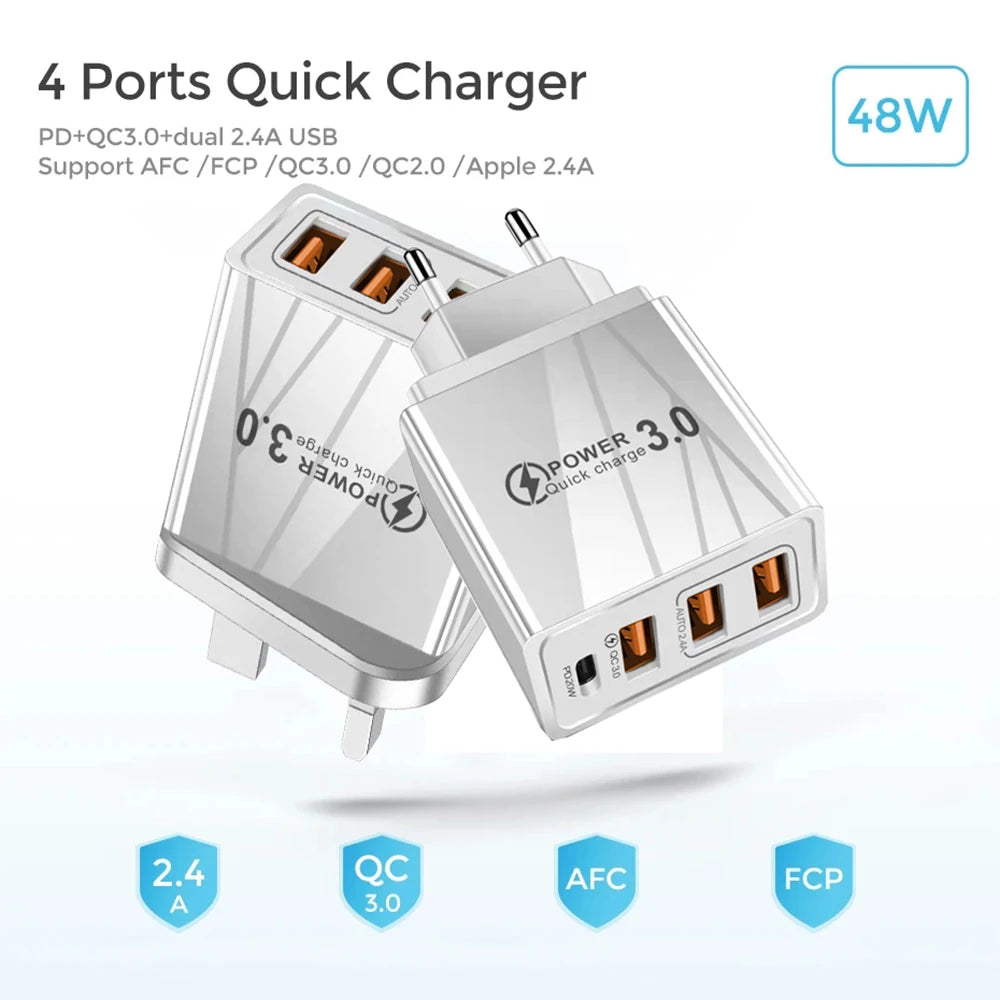 48W USB QC 3.0 Charger Type C PD Fast Charge For iPhone 12 13 Max Samsung S21 Huawei Xiaomi Mobile Phone EU/US Plug Wall Charger