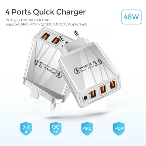 48W USB QC 3.0 Charger Type C PD Fast Charge For iPhone 12 13 Max Samsung S21 Huawei Xiaomi Mobile Phone EU/US Plug Wall Charger