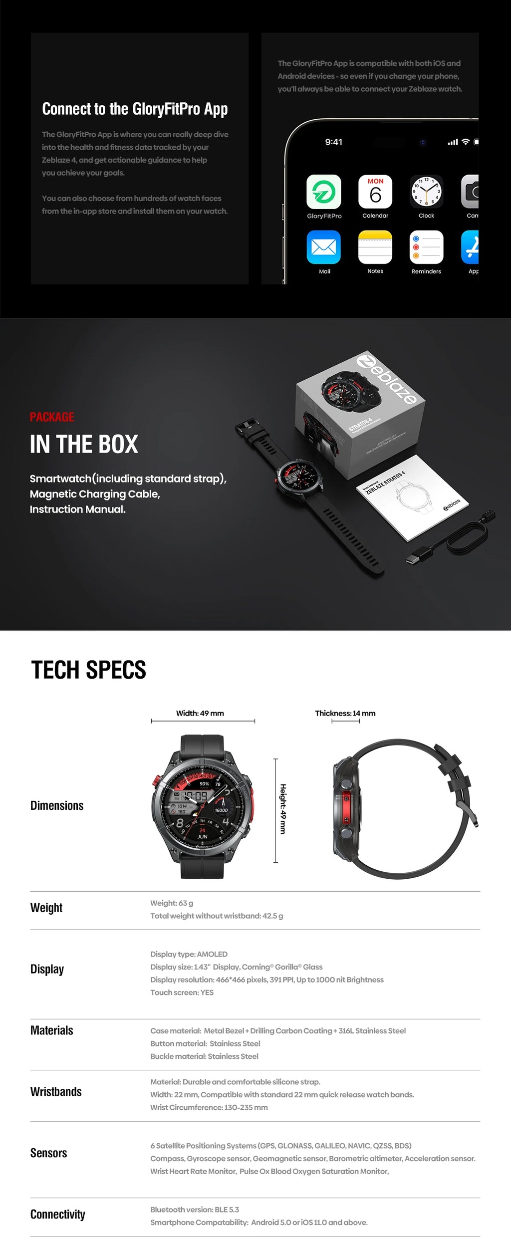 NEW Zeblaze Stratos 4 GPS Smart Watch 1.43 AMOLED Display Built-in Compass Barometric Altimeter Flashlight Voice Call Smartwatch - TechSmartX