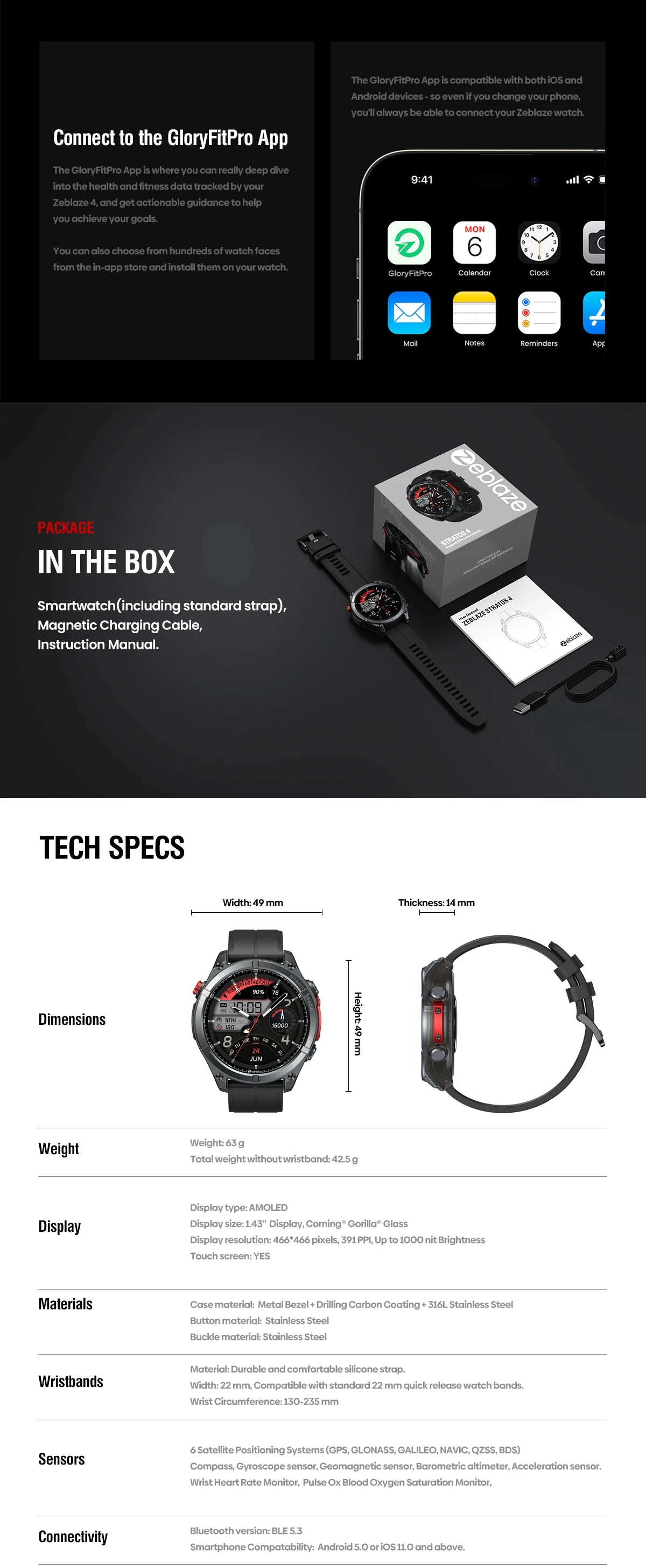 NEW Zeblaze Stratos 4 GPS Smart Watch 1.43 AMOLED Display Built-in Compass Barometric Altimeter Flashlight Voice Call Smartwatch - TechSmartX