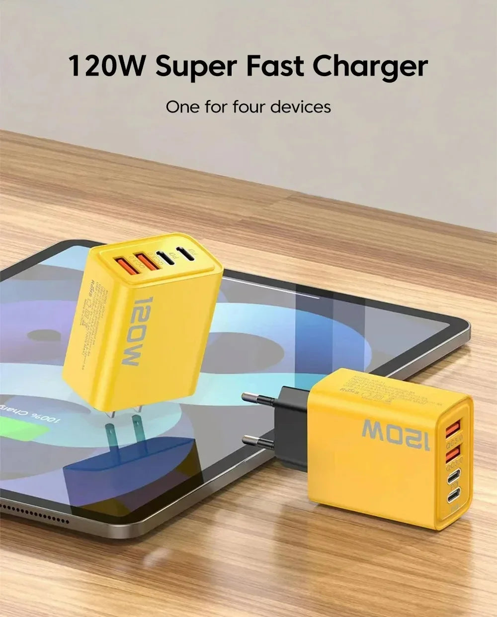 Quick Charge 3.0 Fast Charger Muti Total 120W 4 Port USB Type C PD Mobile Phone Wall Adapter for iPhone 16 Samsung S24 Xiaomi 15