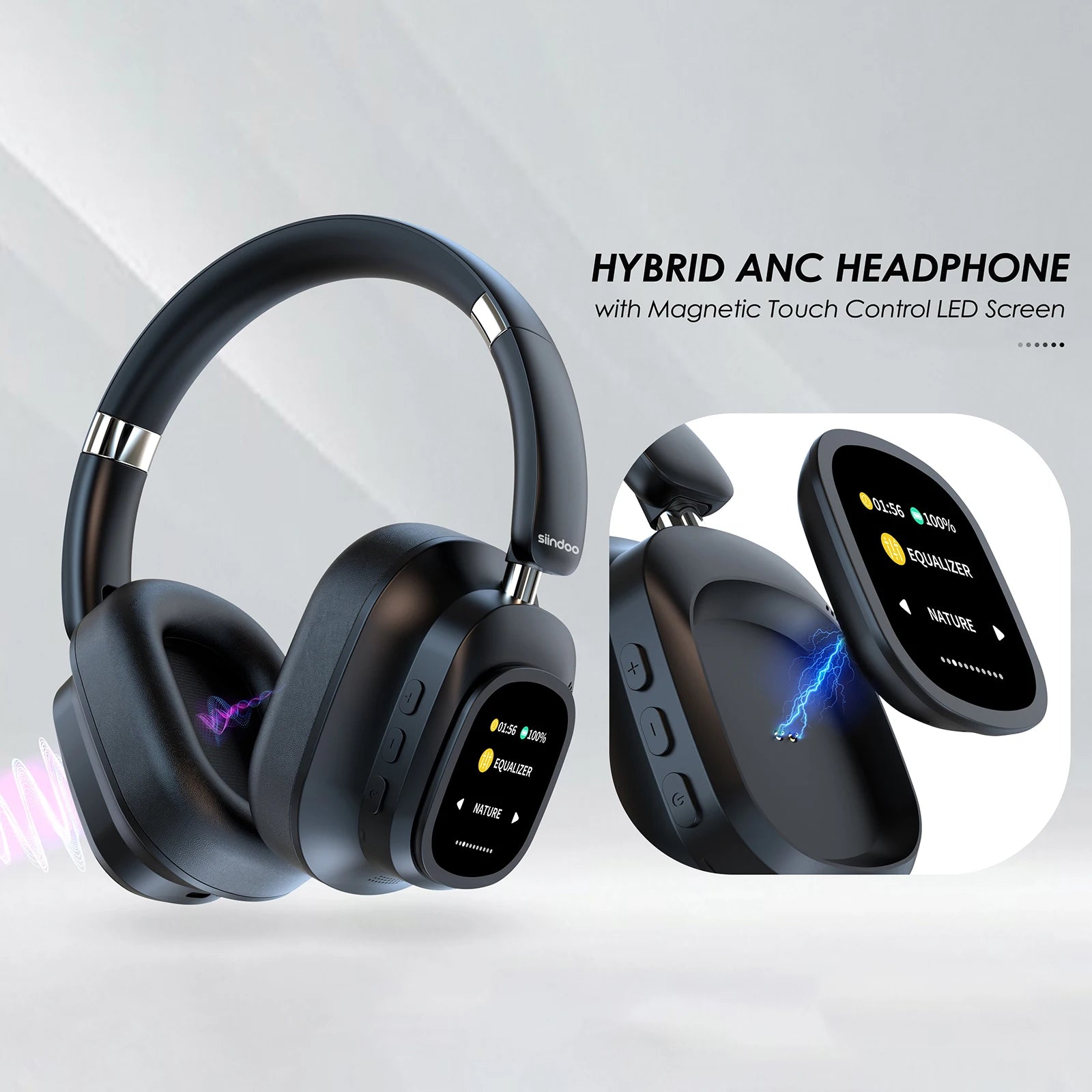 Siindoo NEWEST ANC930Plus Hybrid ANC Wireless Headphone, With Multi Magnetic Touch Control LED Screen AND APP Download 1GB MP3 - TechSmartX