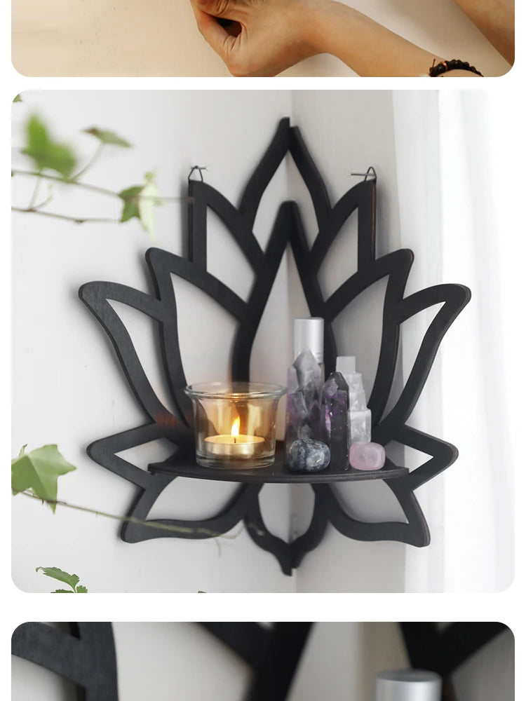 Wooden Lotus Hollow Decorative Rack Aromatherapy Organiser Essential Oil Candle Holder Wall Mounted Shelf Corner Shelf - TechSmartX