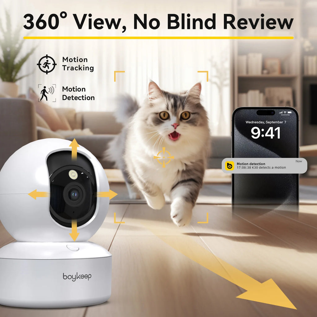 Boykeep 2K Pet Dog Camera with Phone App, 5G/2.4GHz WiFi Indoor Security Baby Camera, 360° Pan & Tilt, 2-Way Audio, Night Vision - TechSmartX