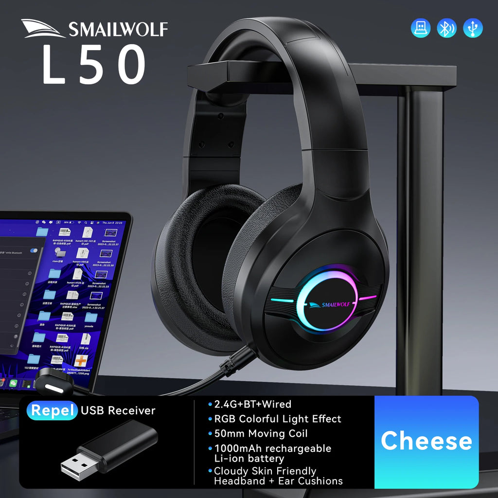 SmailWolf-L80 Bluetooth wireless three-mode headphones headset lightweight headset 2.4G gaming headsets sports bass - TechSmartX