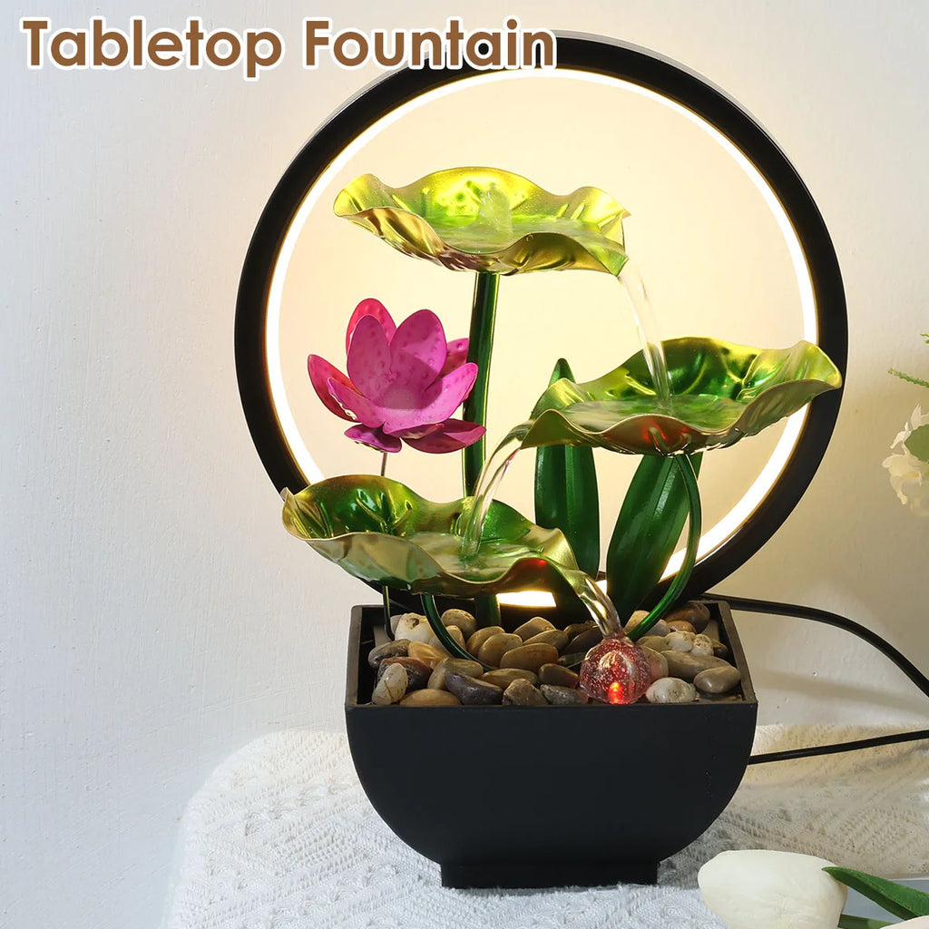 Tabletop Water Fountain USB Powered Relaxation Desktop Waterfall Fountain With Natural Rocks And LED Ring Lights For Home Decor - TechSmartX