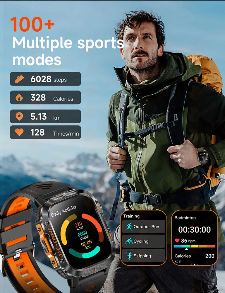 2025 New Military Outdoor Smart Watch Men's GPS Flashlight Bluetooth Call 2.01" AMOLED Screen 3ATM Waterproof Sports Smartwatch - TechSmartX