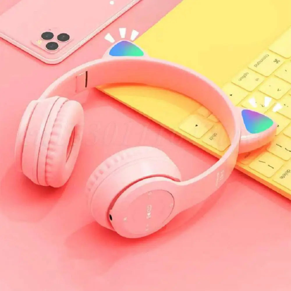 Wireless Headphones Cat Ear Gaming Headset Glow Light Bluetooth-Compatible Helmets Cute Over-Ear Headsets for Kids and Adult - TechSmartX