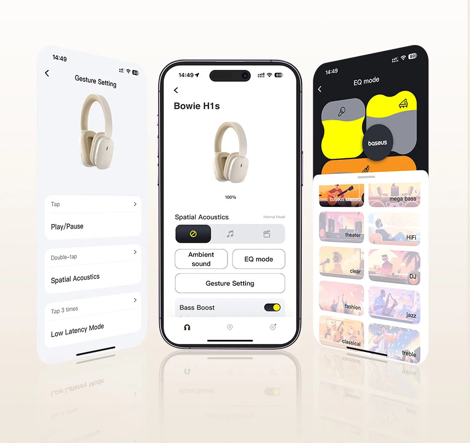 Baseus Bowie H1s Wireless Headphones Bluetooth 5.4 Noise Canceling 46dB Over Ear Headset Hi-Res Spatial Audio Earphone 120H Time - TechSmartX