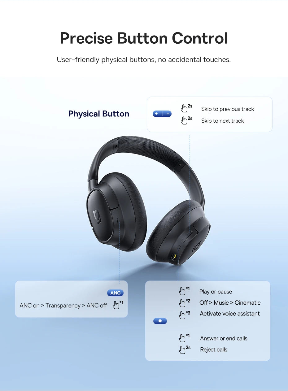 Baseus Bowie H1s Wireless Headphones Bluetooth 5.4 Noise Canceling 46dB Over Ear Headset Hi-Res Spatial Audio Earphone 120H Time - TechSmartX