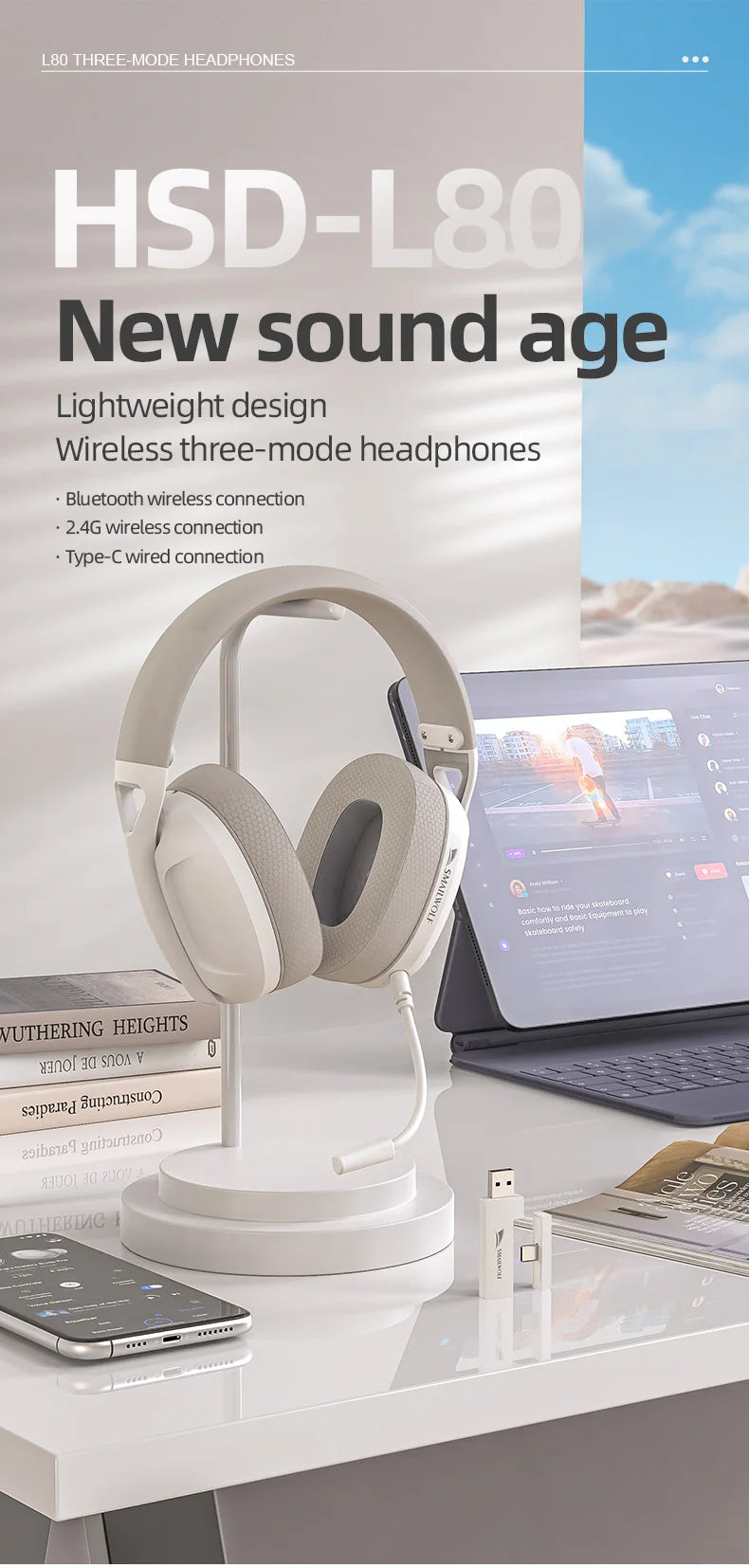 SmailWolf-L80 Bluetooth wireless three-mode headphones headset lightweight headset 2.4G gaming headsets sports bass - TechSmartX