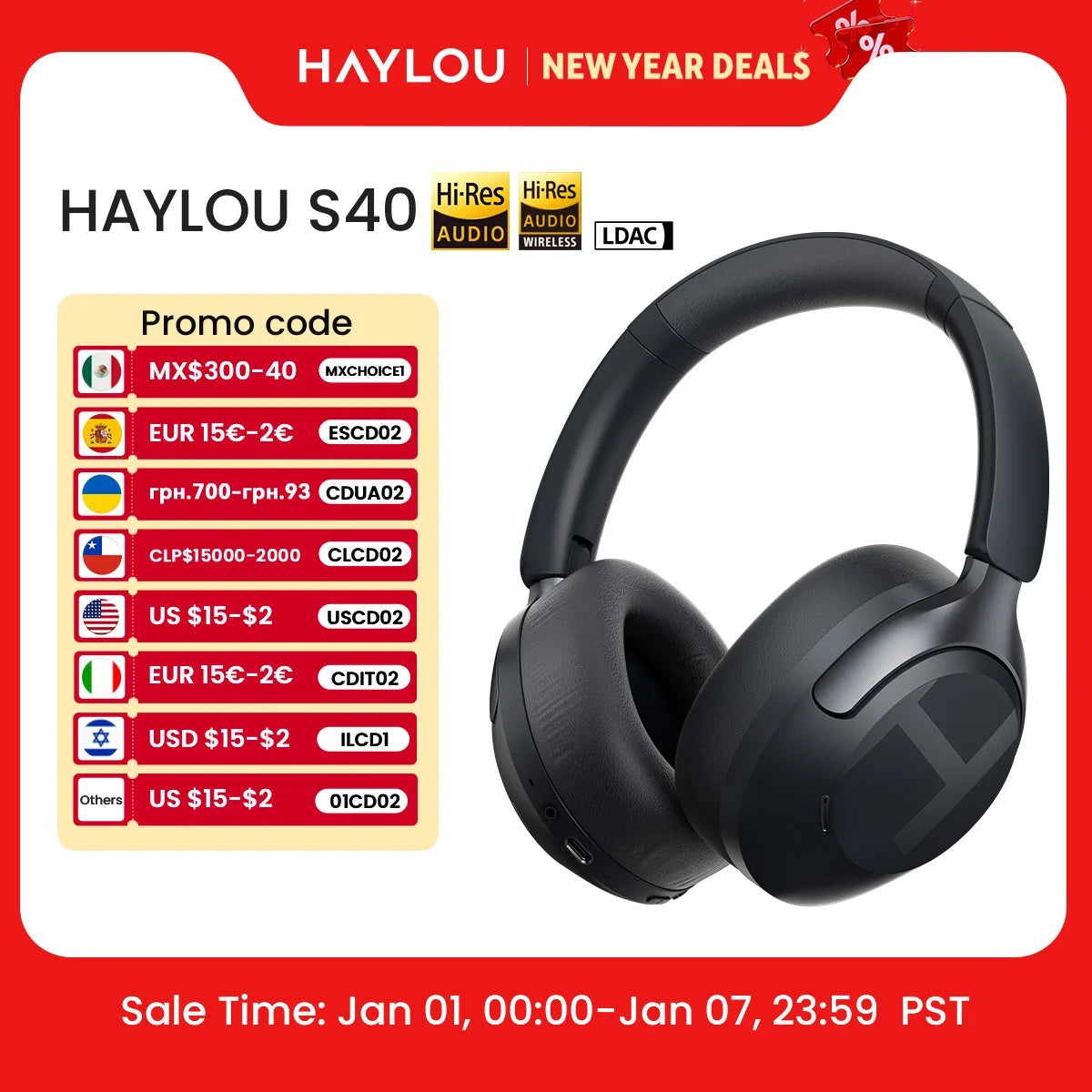 HAYLOU S40 ANC Wireless Headphone 50dB Noise Canceling Hi-Res 3D Spatial Audio Earphone with LDAC Bluetooth 6.0 Over Ear Headset - TechSmartX
