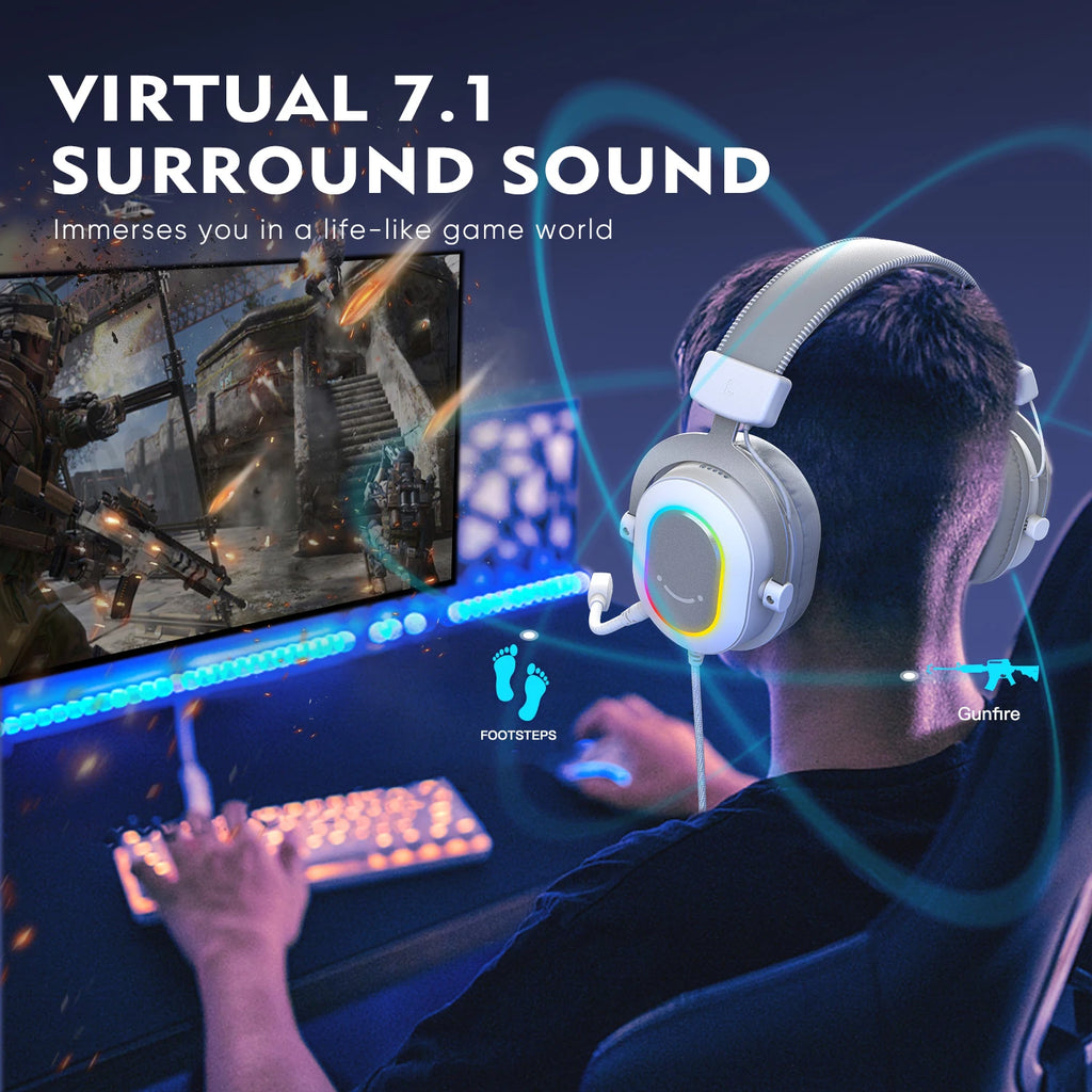 FIFINE RGB Gaming Headset with 7.1 Surround Sound/3-EQ/MIC,Over-ear Headphone with In-line Control for PC PS4 PS5 Ampligame-H6W - TechSmartX