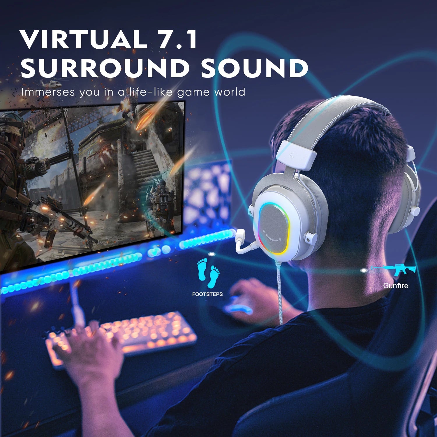 FIFINE RGB Gaming Headset with 7.1 Surround Sound/3-EQ/MIC,Over-ear Headphone with In-line Control for PC PS4 PS5 Ampligame-H6W - TechSmartX