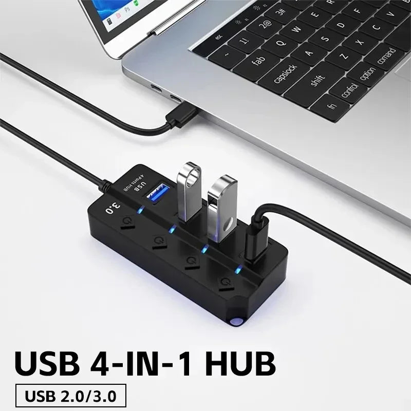 USB3.0 HUB 4in1 7in1USB Splitter 2.0 USB Adapter Multi-Port Independent Power Switch Extender 30CM Cable - TechSmartX