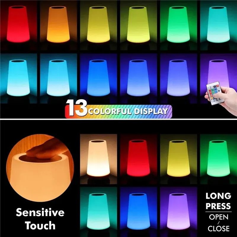 13 Color Changing Night Light Remote Control Touch USB Rechargeable RGB Night Lamp Dimmable Lamp Portable Table Bedside Lamp - TechSmartX