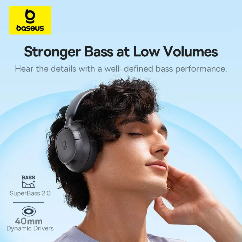Baseus Bass BH1 Wireless Headphones Bluetooth 6.0 SuperBass 2.0 Over Ear Headset ENC Clear Calls 80hours Playtime Earphones - TechSmartX