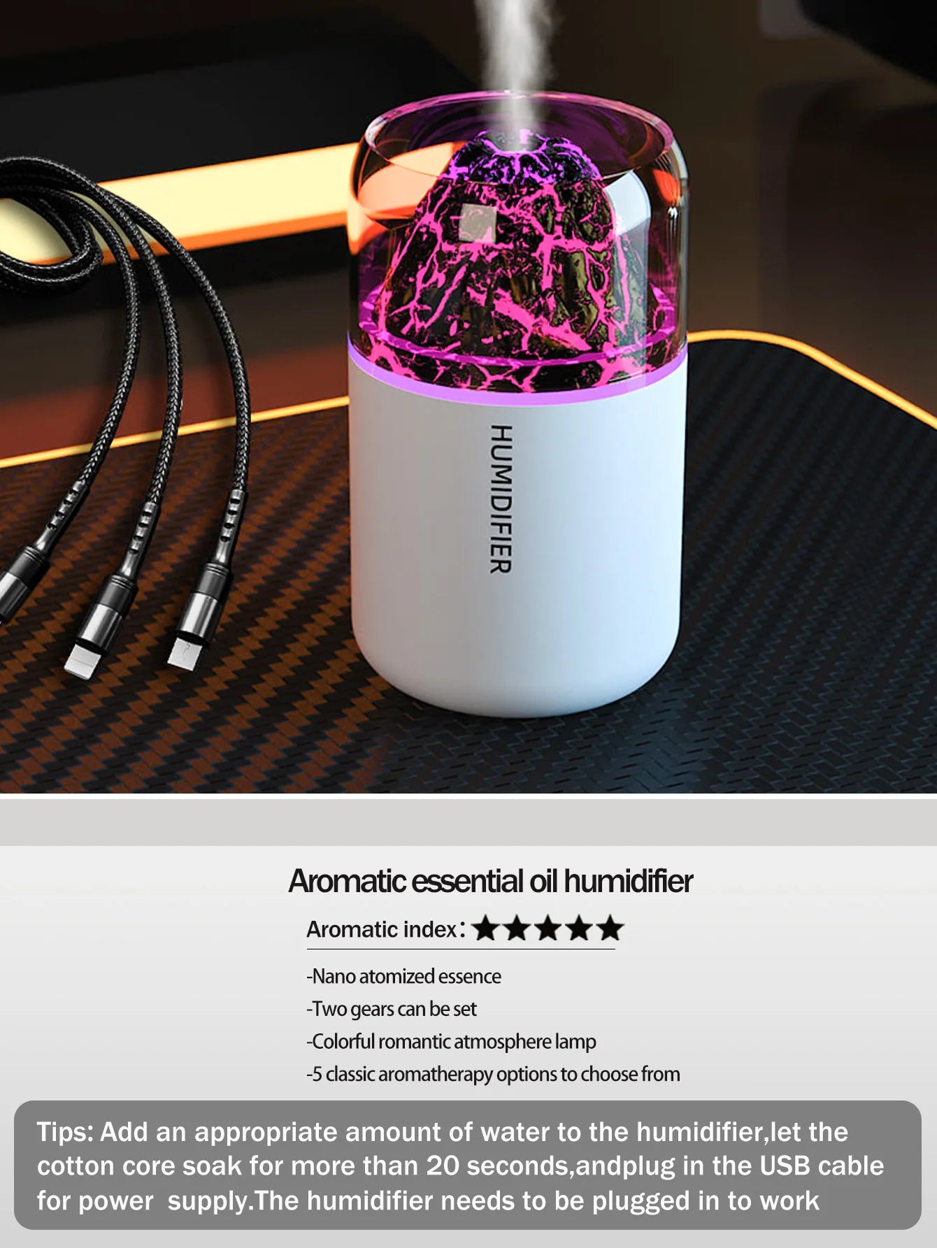 The simulated volcanic color lamp humidifier USB aromatherapy diffuser is suitable for use in cars, homes, bedrooms, as a gift, - TechSmartX