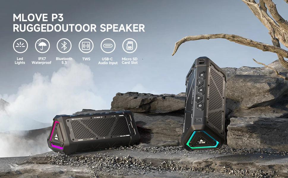 MLOVE P3 Outdoor Bluetooth Speaker, 40W Output Power Bluetooth 5.3 Speaker ,Stereo Sound IPX7 Waterproof,Micro SD Card,RGB Light - TechSmartX